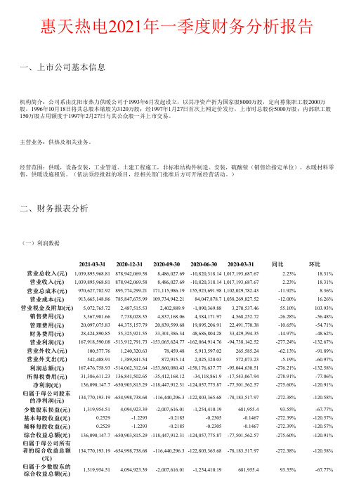 惠天热电2021年一季度财务分析报告