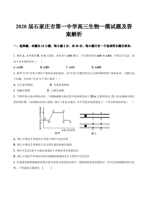 2020届石家庄市第一中学高三生物一模试题及答案解析