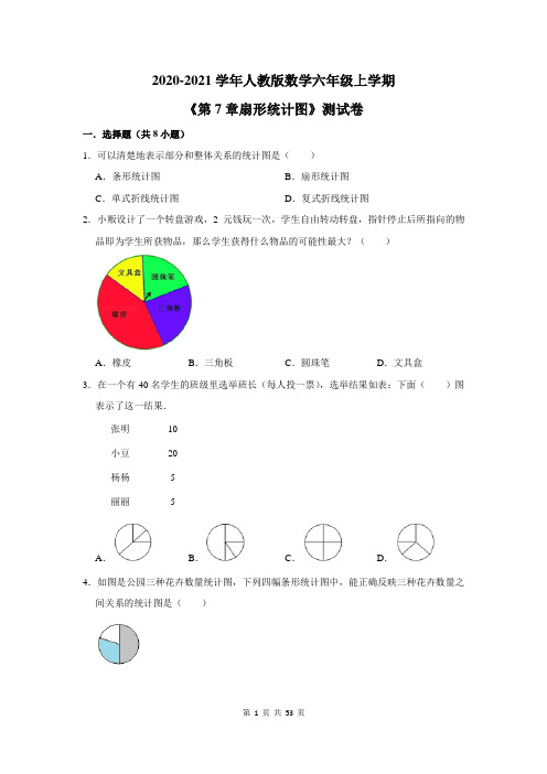 2020-2021学年人教版数学六年级上学期《第7章扇形统计图》测试卷及答案解析