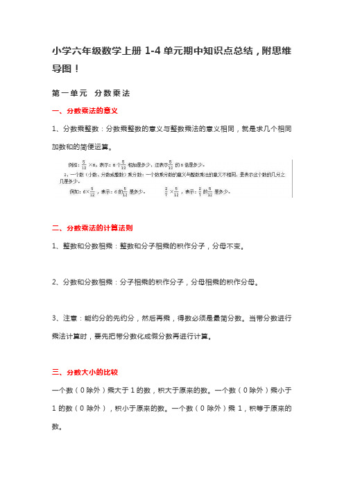 小学六年级数学上册1-4单元期中知识点总结,附思维导图