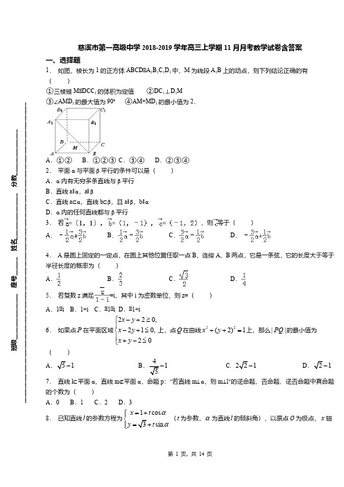 慈溪市第一高级中学2018-2019学年高三上学期11月月考数学试卷含答案