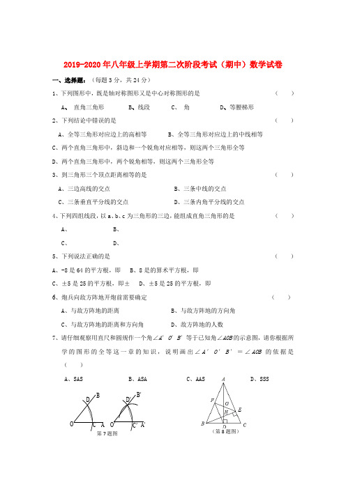 2019-2020年八年级上学期第二次阶段考试(期中)数学试卷