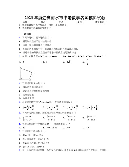 2023年浙江省丽水市中考数学名师模拟试卷附解析