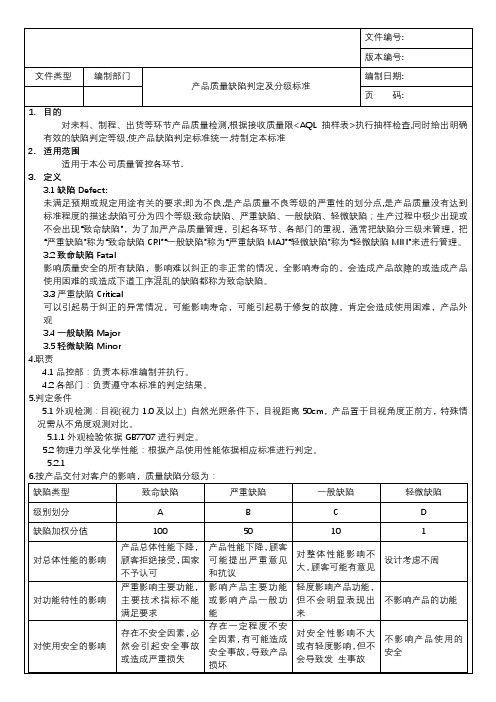 产品质量缺陷判定分级标准