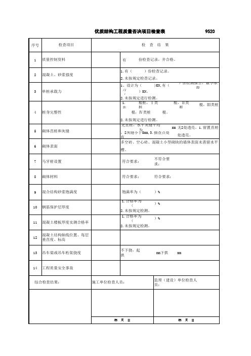 优质结构工程质量否决项目检查表