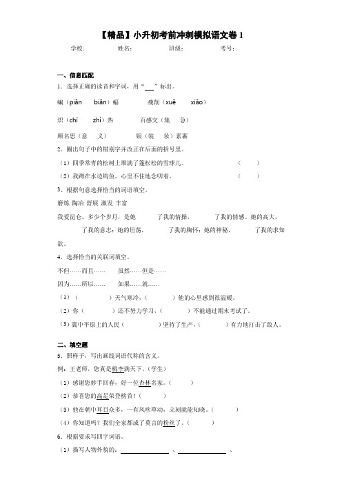 小学小升初考前冲刺模拟语文卷1(含答案解析)