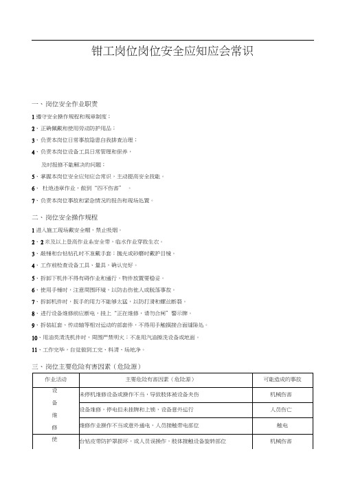 钳工岗位岗位安全应知应会常识