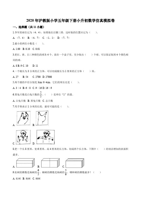 沪教版五年级下册小升初仿真模拟测试数学试卷3