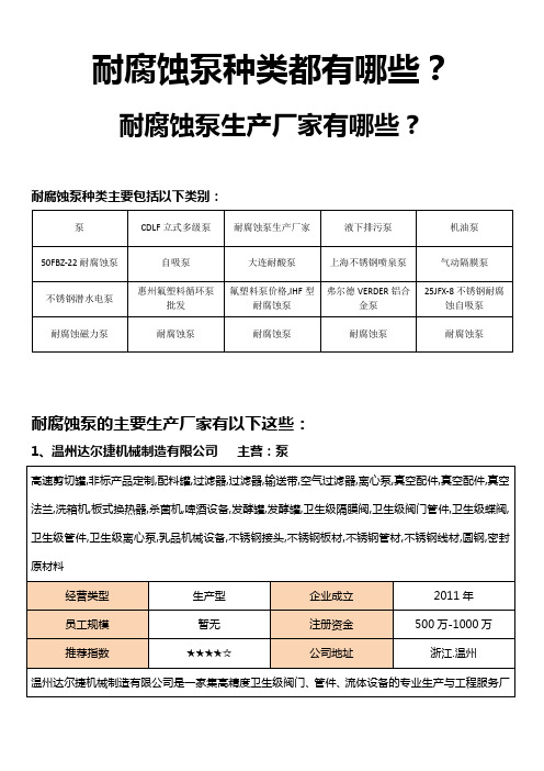 耐腐蚀泵种类都有哪些,耐腐蚀泵生产厂家有哪些