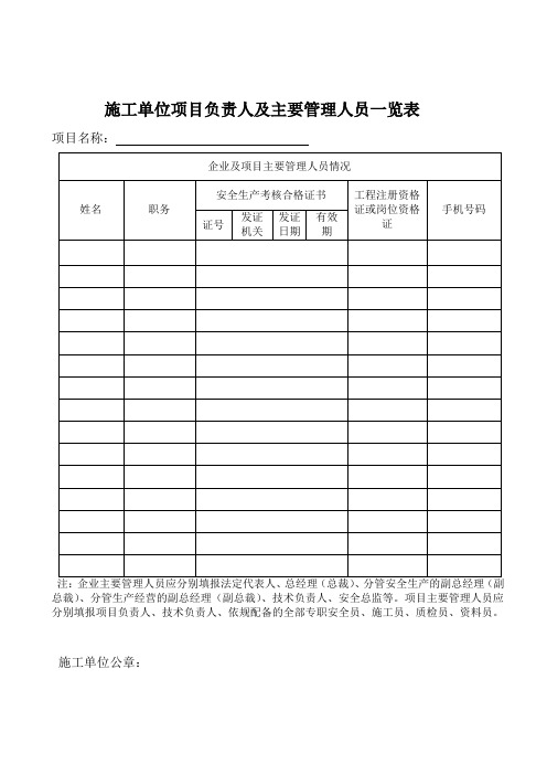 施工单位项目负责人及主要管理人员一览表