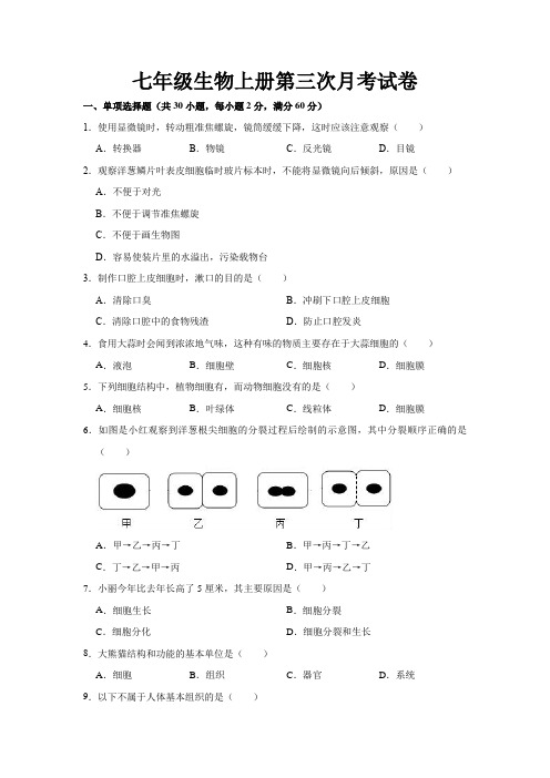 最新人教版七年级生物上册第三次月考试题及参考答案