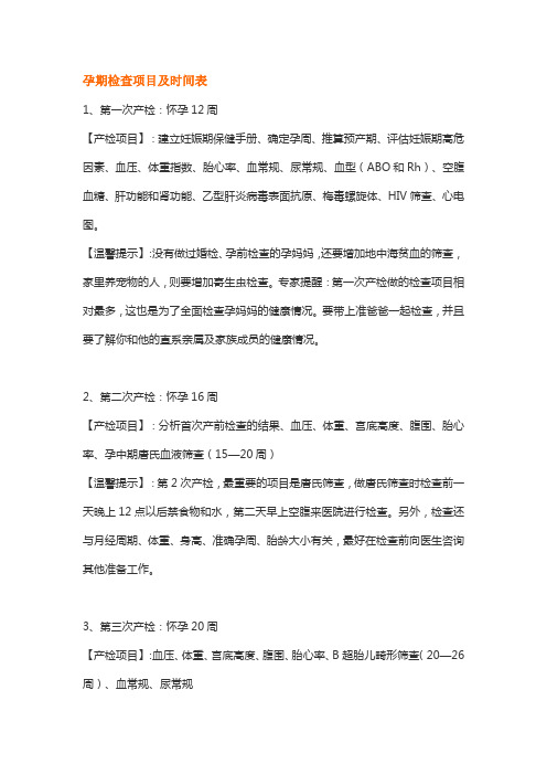 产前检查项目时间表