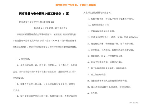 医疗质量与安全管理小组工作计划4篇