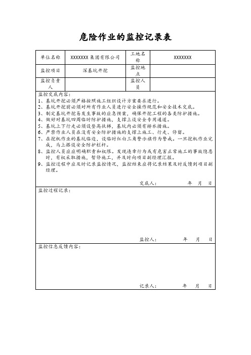 危险作业的监控记录表(深基坑开挖)