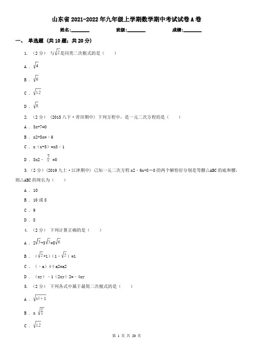 山东省2021-2022年九年级上学期数学期中考试试卷A卷