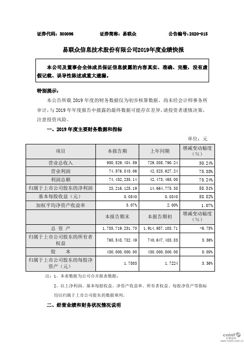 易联众:2019年度业绩快报