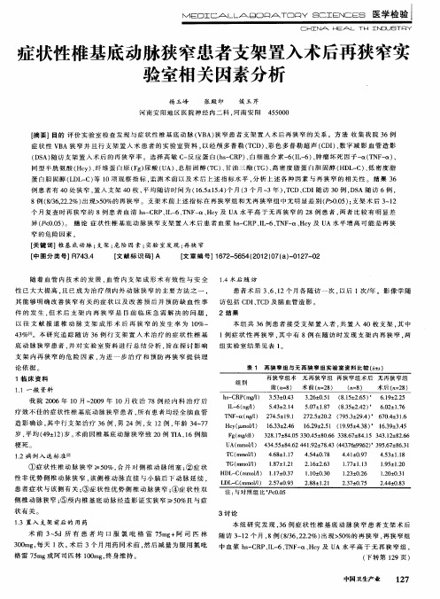 症状性椎基底动脉狭窄患者支架置入术后再狭窄实验室相关因素分析