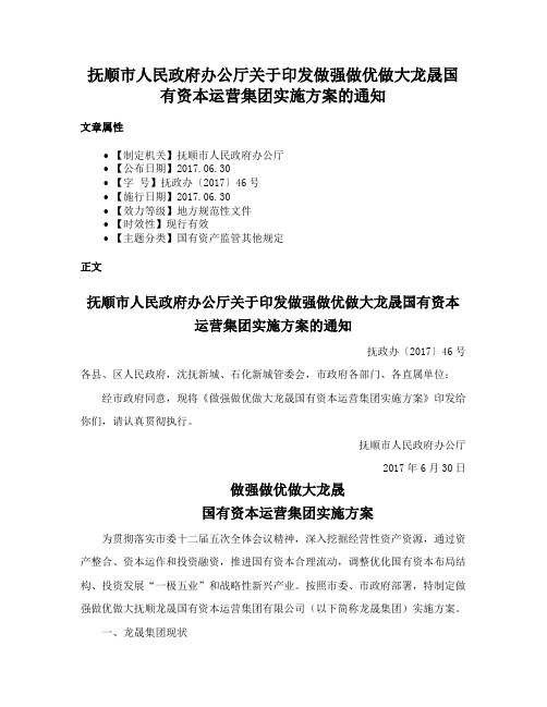 抚顺市人民政府办公厅关于印发做强做优做大龙晟国有资本运营集团实施方案的通知