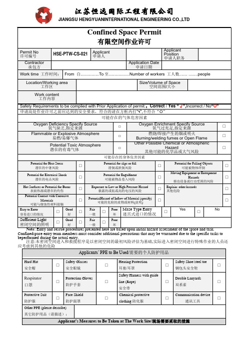 有限密闭空间作业许可证