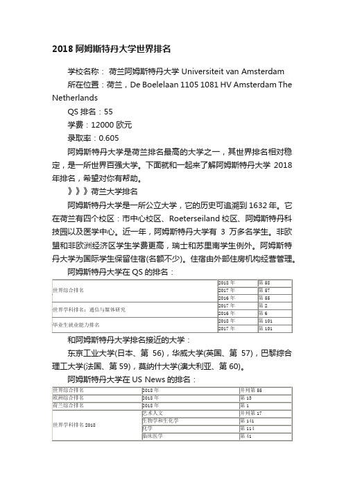 2018阿姆斯特丹大学世界排名