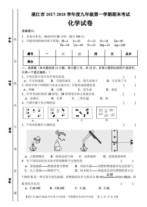 湛江市2017-2018学年度九年级第一学期期末考试