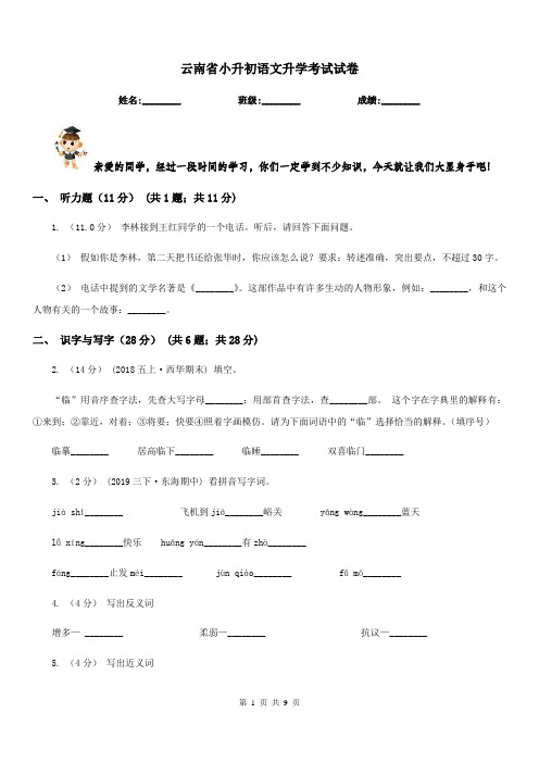 云南省小升初语文升学考试试卷