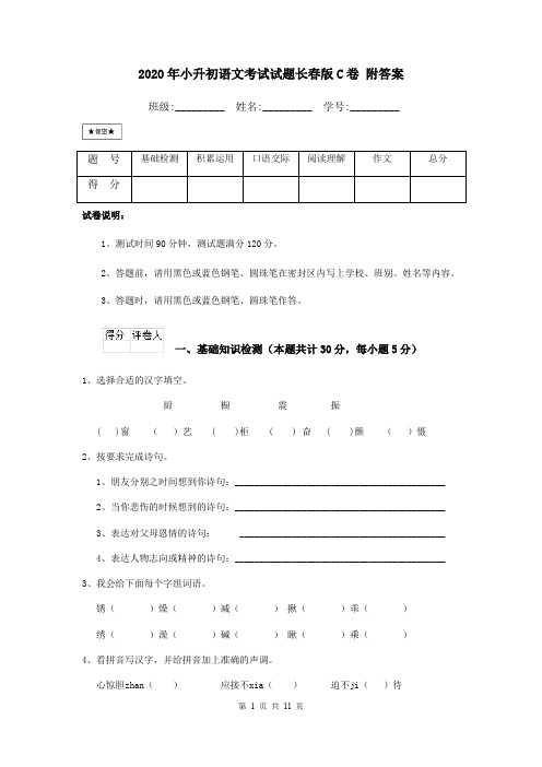 2020年小升初语文考试试题长春版C卷 附答案