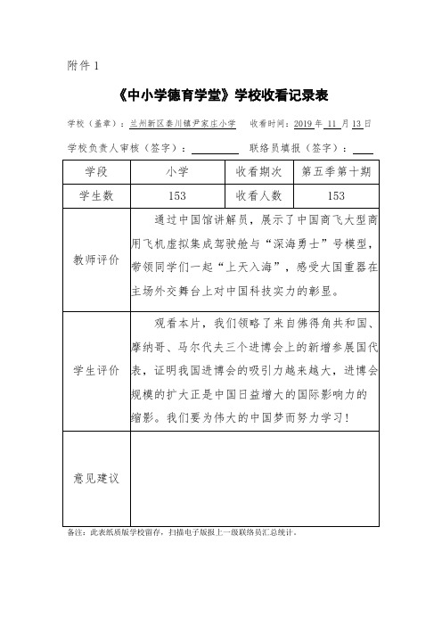 第10期尹家庄小学附件1：《中小学德育学堂》学校收看记录表