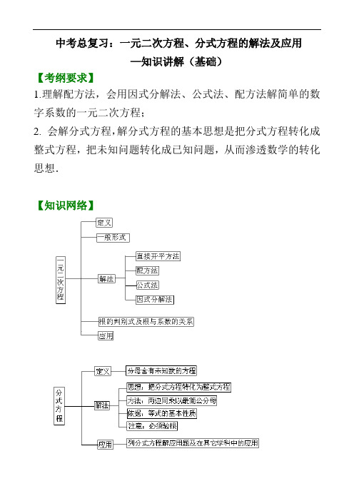 中考总复习：一元二次方程、分式方程的解法及应用--知识讲解(基础)与例题讲解