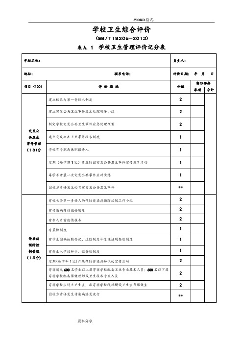 GBT18205_2012学校卫生综合评价记分表