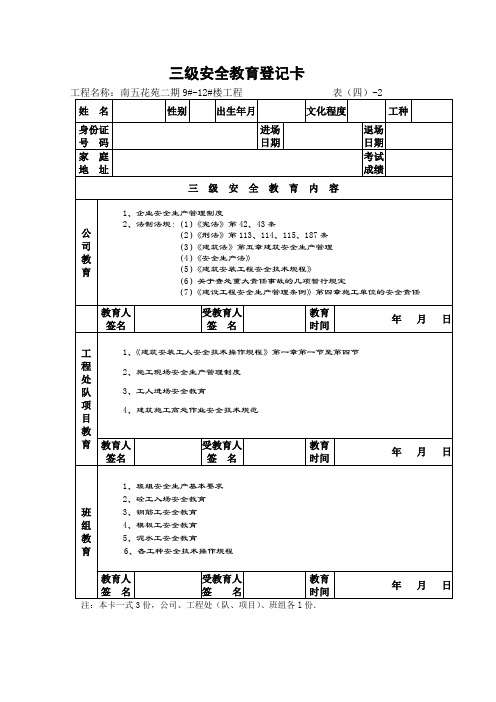 三级安全教育登记卡