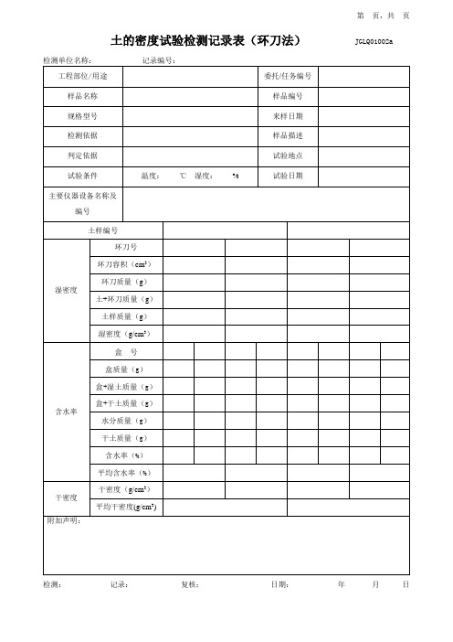 土的密度试验检测记录表(环刀法)