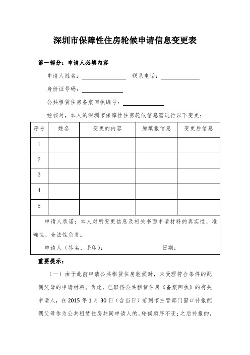 深圳市保障性住房轮候申请信息变更表