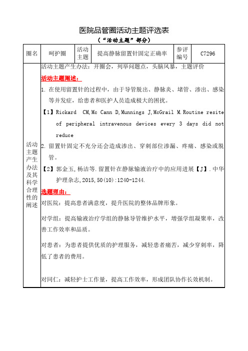 医院品管圈提高静脉留置针固定正确率活动主题评选表