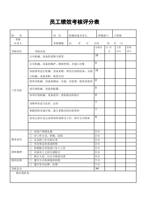 XX建筑公司机械设备负责人绩效考核评分表