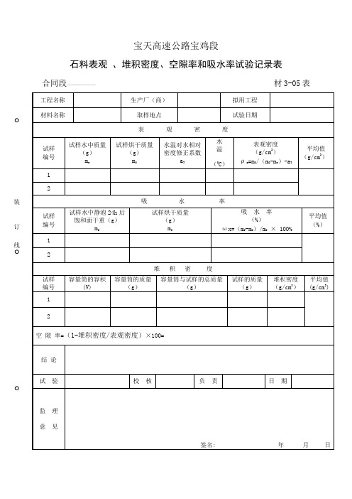 X30石料表观密度空隙率堆积密度吸水率试验记录表