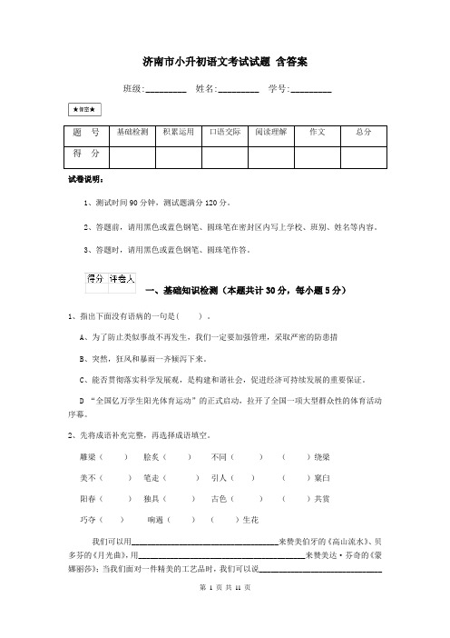 济南市小升初语文考试试题 含答案