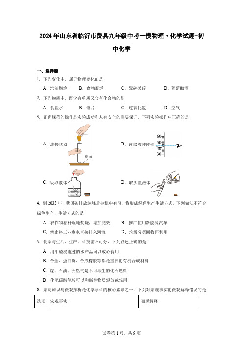 2024年山东省临沂市费县九年级中考一模物理化学试题-初中化学