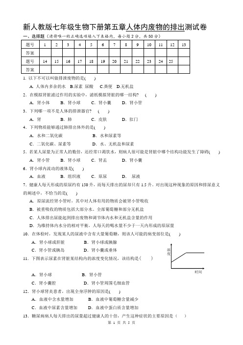 新人教版七年级生物下册第五章人体内废物的排出测试卷(附答案)