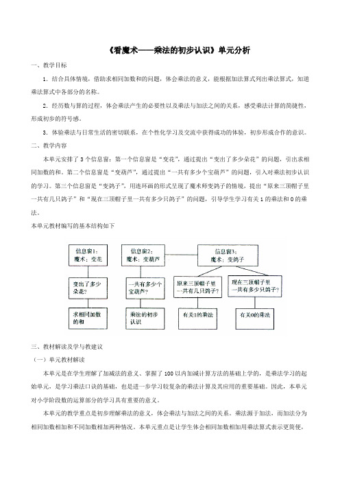 二年级数学上册一看魔术——乘法的初步认识《乘法的初步认识》单元分析青岛版六三制