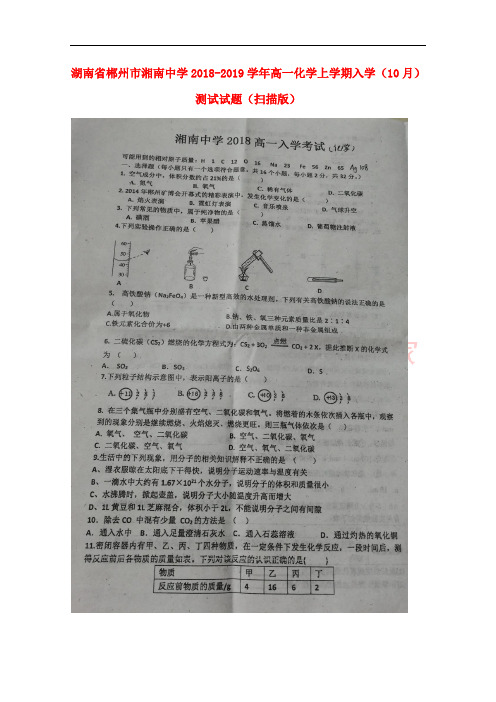 湖南省郴州市湘南中学2018-2019学年高一化学上学期入学(10月)测试试题(扫描版)