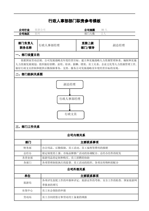 行政人事部部门职责说明书(旅游公司)