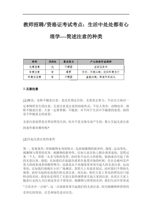 教师资格证考试考点：生活中处处都有心理学――简述注意的种类