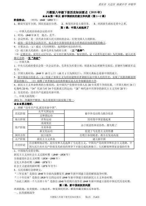 2018年新川教版八年级下册历史知识要点