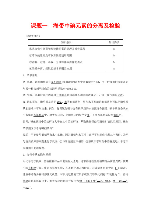 高中化学 专题1 物质的分离与提纯 课题一 海带中碘元素的分离及检验