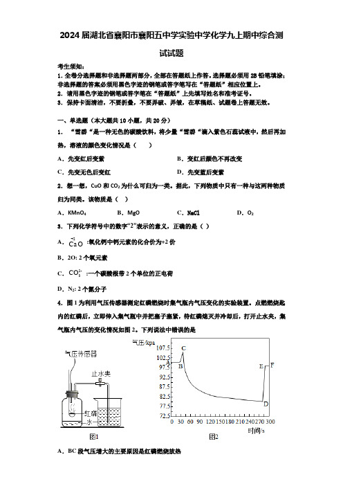 2024届湖北省襄阳市襄阳五中学实验中学化学九上期中综合测试试题含答案解析