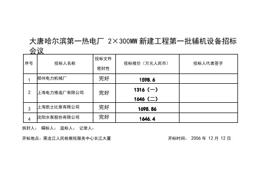 投标报价开标登记表