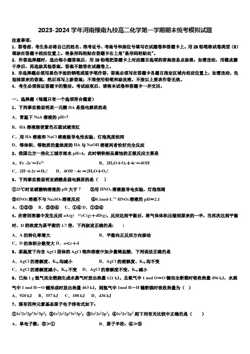 2023-2024学年河南豫南九校高二化学第一学期期末统考模拟试题含解析