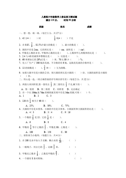 人教版六年级数学上册总复习测试题