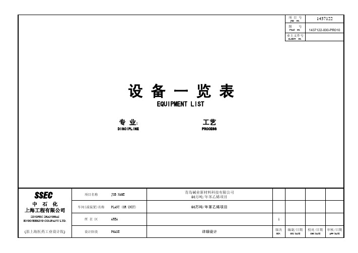 青岛碱业50万吨年苯乙烯项目设备一览表